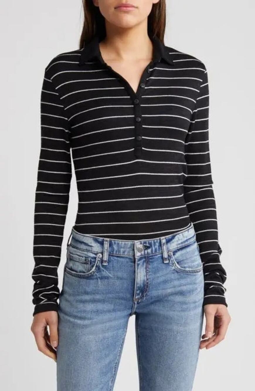 rag & bone Medium Knit Stripe Long Sleeve Polo Black White